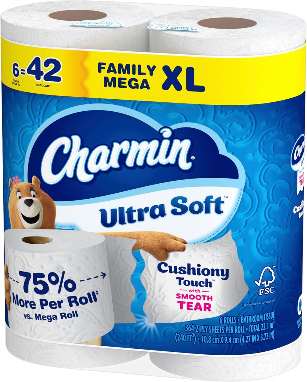 Charmin Ultra Soft Cushiony Touch Toilet Paper, 6 Family Mega XL Rolls = 42 Regular Rolls